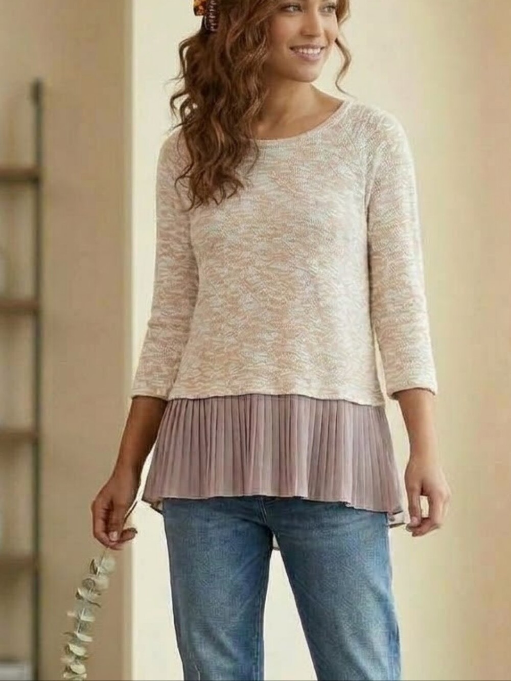 Y2K Bobeau Pleated Hem Long Sleeve Top Cream XL